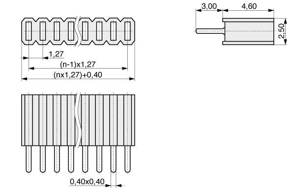  Female Header for 0,46 mm Square Pins, 1,27 mm  184  1