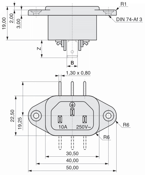  K+B Gerätestecker Lötanschluss
Steckanschluss  42R09  4